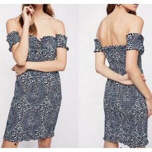 Free‎ People Blue White Smocked Mandala Off Shoulder Mini Dress Large